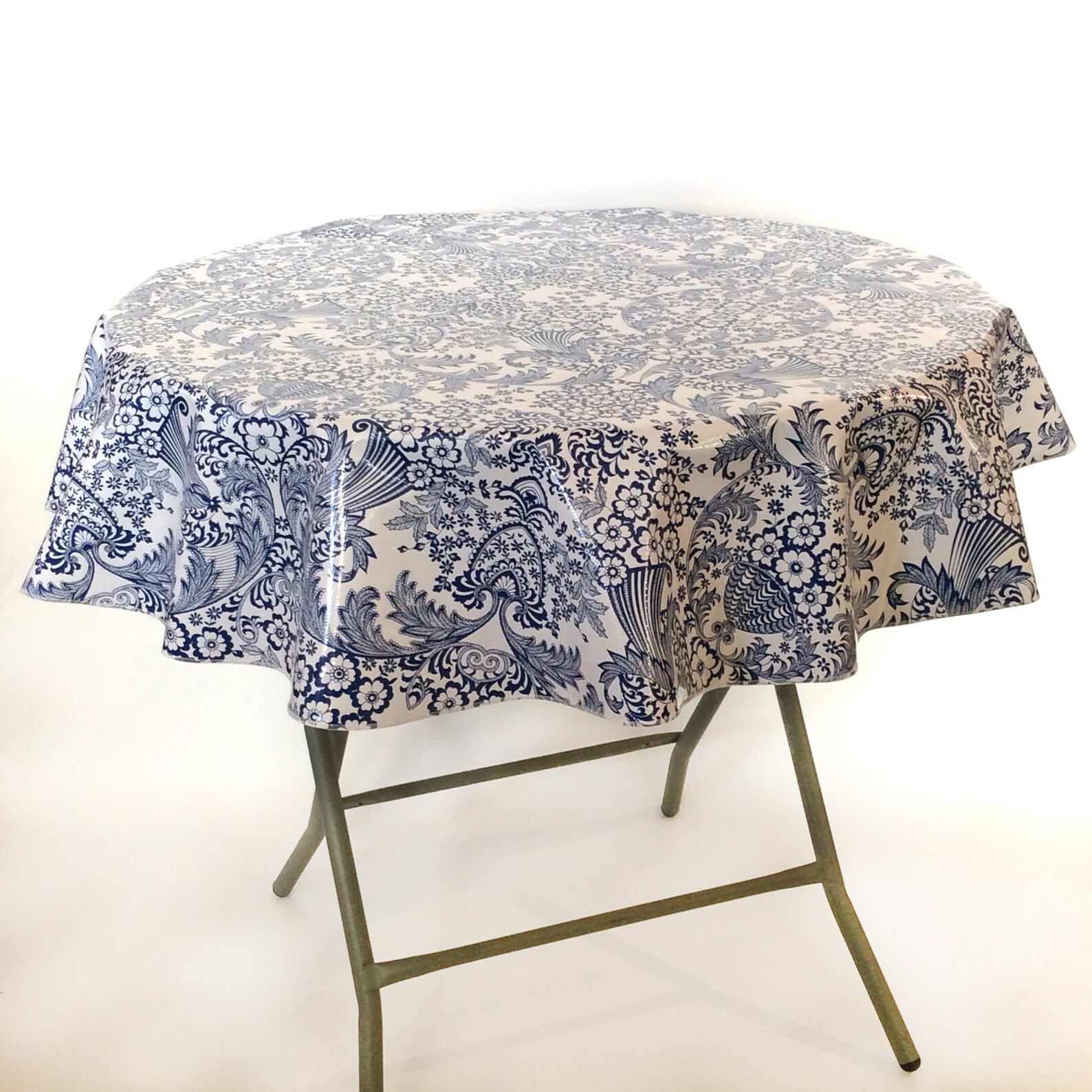 Large Round Oilcloth Tablecloth Toile Blue Etsy