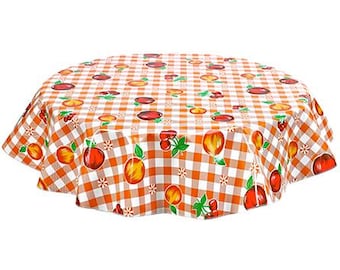 47" or 60" Round Oilcloth Tablecloth in Fruit and Gingham Orange