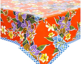 48 x 84 Hawaii Orange with Blue Gingham Trim Oilcloth Tablecloth