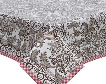 Toile Brown Rectangular Oilcloth Tablecloth with Pink Gingham Trim