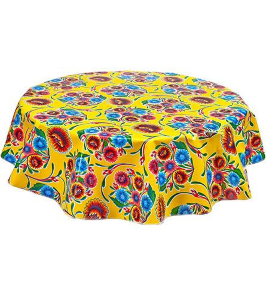 Round Oilcloth Tablecloth Bloom Yellow Etsy