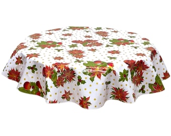 79" Round Christmas Stars on White Oilcloth Tablecloth