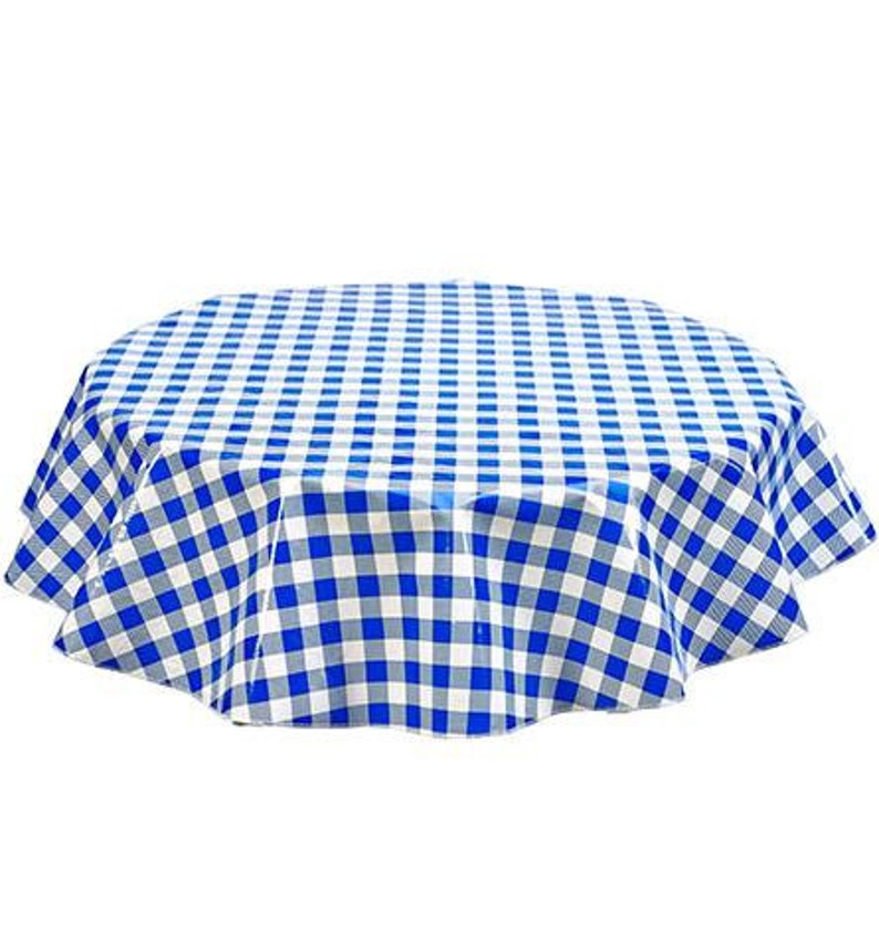 Round Large Gingham Blue Oilcloth Tablecloth Etsy