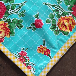 Rose & Grid Aqua Oilcloth Tablecloth with Yellow Gingham Trim