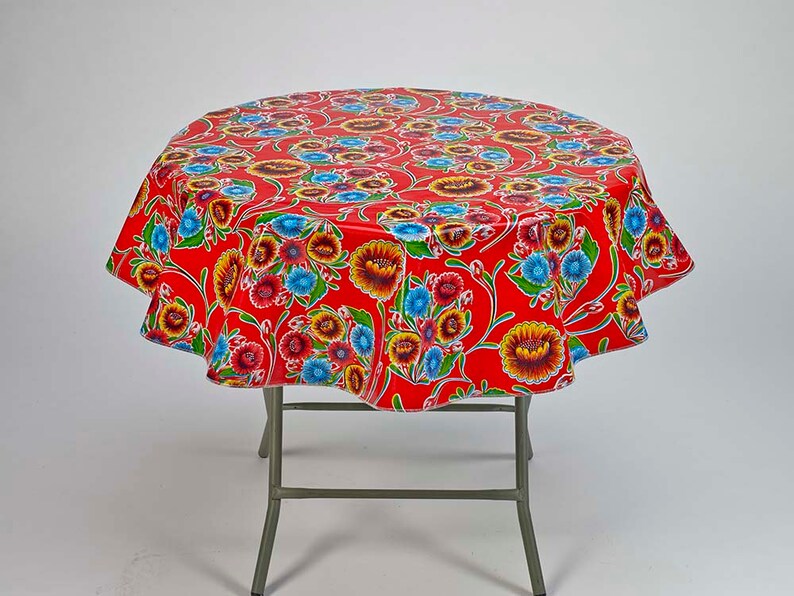 Round Red Bloom Oilcloth Tablecloth by Freckled Sage Etsy