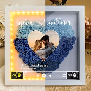 以下が含まれることがあります： 青いバラでできたハート型の白いフレームのシャドウボックス。ハートはカップルの写真のフレームです。「Sophia」と「William」という名前がハートの上にあります。「A thousand years」と「Christina Perri」というテキストが下にあります。フレームにはLEDライトが付いています。