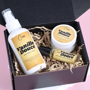 Vanilla Douce-geschenkdoos – 3-delige vanille-lichaamsverzorgingsset voor haar lotion, mini-boterolieroller, zoete verjaardags- en kerstcadeau