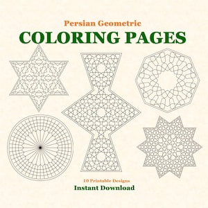 May include: A beige background features six Persian geometric coloring pages in various shapes, including stars and octagons. The text "Persian Geometric Coloring Pages" is at the top, with "10 Printable Designs Instant Download" at the bottom.