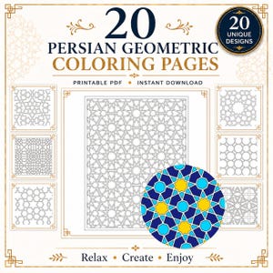 Könnte beinhalten: Digitaler Download mit 20 persischen geometrischen Malvorlagen. Das Design umfasst komplizierte Muster und den Text "20 Persian Geometric Coloring Pages" und "Printable PDF • Instant Download". Ein kreisförmiges Design zeigt ein blaues, gelbes und weißes geometrisches Muster.