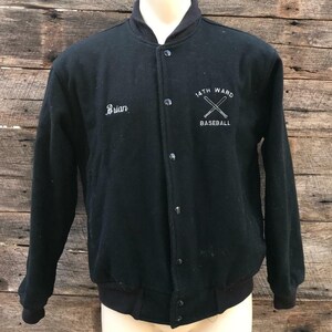Vintage Black Wool Baseball Snap Front Jacket 1980&#39;s 1990&#39;s Size L