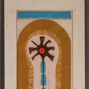 May include: A framed abstract print with a stylized flower design. The flower is brown, pink, and blue with a red center. The background is a light brown color.