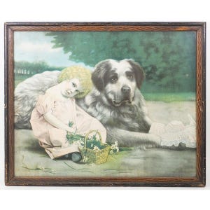 Victorian Lithograph Girl With Dog - Etsy