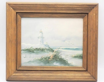Lighthouse Acrylic Painting Mid Century Seascape Scene