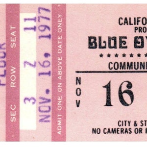 Vintage Blue Oyster Cult Ticket Stub November 16 1977 Tucson Arizona