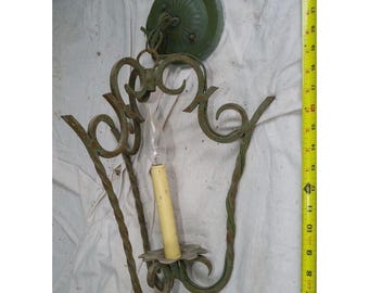Vintage Wrought Iron Wall Sconce Scrollwork Green Rustic Spanish Revival Light