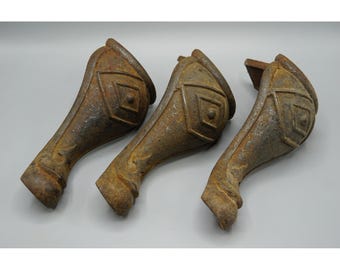 Set of 3 Antique Cast Iron Stove Legs Diamond Pattern Victorian Rust Patina 8in
