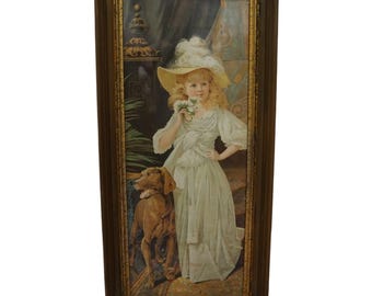 Antique Victorian Chromolithograph Print Girl with Dog Gilt Wood Frame 11x23