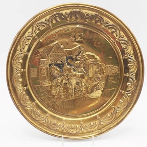 Brass Wall Plaque Hanging Embossed Relief Horse Drawn Carriage Decor 10&quot;