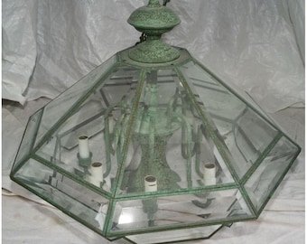 Vintage Green Metal 8-Licht-Kerzendeckenleuchter Beveled Glass Fixture 22 Zoll