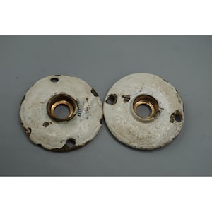 Vintage Brass Door Knob Rosettes Set of 2 White Painted Escutcheon Plates 2.25"