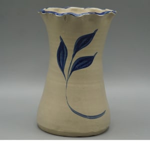 Williamsburg Pottery Vase 7" Ruffled Rim Cobalt Blue Leaf Salt Glaze Stoneware
