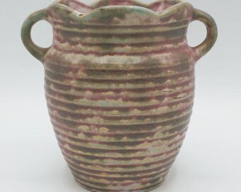 Burley Winter Ribbed Green Mauve Cream Pottery Vase 3F