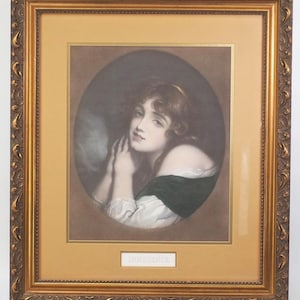 Vintage Framed Lithograph Print Young Woman Innocence Victorian Era Ornate Frame