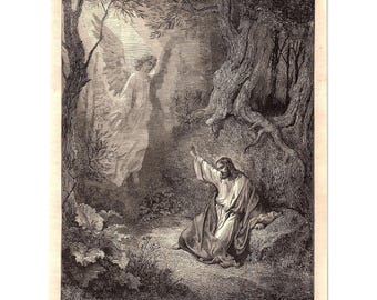 Wood Cut Book Plate Print Christ In The Garden 1800's
