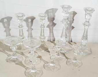 Lot of 9 Clear Glass Candlestick Holders 3 Sets Assorted Sizes Up to 10 Inch