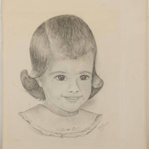 Mid Century Pencil Drawing on Paper Young Girl M.B. Douglas 1970