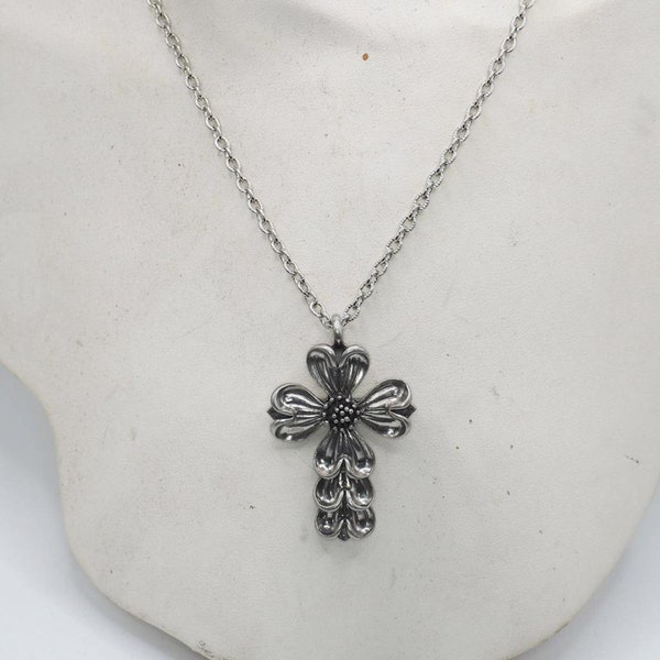 Marcie Pewter Silver Tone Necklace Floral Cross Pendant 24" Dogwood