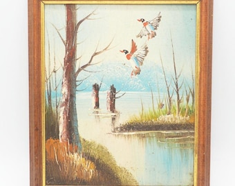 Original Acrylic Painting Forest Mountain Ducks Landscape Framed