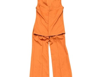 Vintage 1960s Womens Burnt Orange Polyester Pant and Vest Set 2 Piece Mod S/M