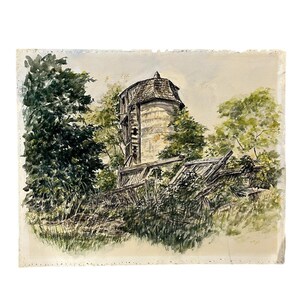 Watercolor Painting Old Farm Barn Silo Landscape