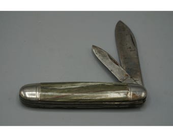 Antique Solingen Germany 2-Blade Pen Knife Abalone MOP Handle Nickel Silver 3"