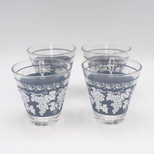 4 Hazel Atlas Double Shot Glasses Grape Pattern Blue Wedgwood