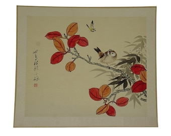 Chinese Art Print Bird & Autumn Leaves Decorative Wall Art Vintage Asian Print