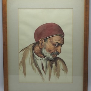 Vintage Original Watercolor Painting Signed CAT Framed Middle Eastern Man