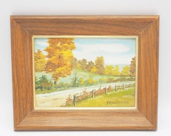 P.F. Hoffman Landscape Acrylic Painting Mid Century Country Scene Road in Autumn