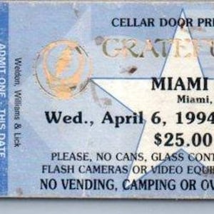 Vintage Grateful Dead Ticket Stub April 6 1994 Miami Florida