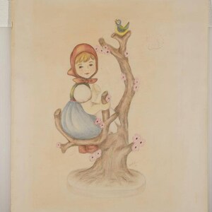 Mid Century Drawing on Paper Young Girl M.B. Douglas 1970