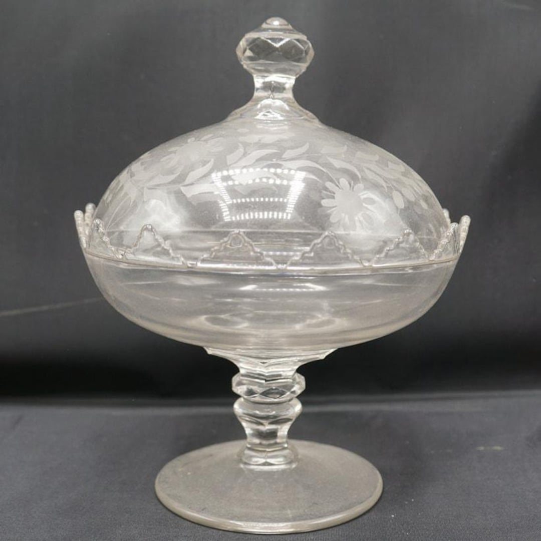 Antique Glass Compote Etched Flowers Covered Compote Candy Dish - Etsy