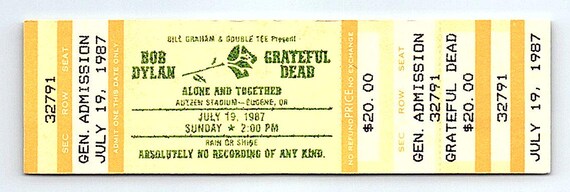 Bob Dylan Grateful Dead Mail Ticket Stub July 19 1987 Eugene OR 