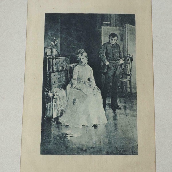 Antique Photo Etching On Silk Middlemarch Dr. Lydgate & Rosamond by W.L. Taylor