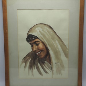 Vintage Original Watercolor Painting Signed CAT Framed Middle Eastern Woman