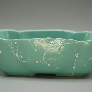 Vintage MCM Turquoise Aqua Splatter Ceramic Rectangular Planter Scallop Rim 50s