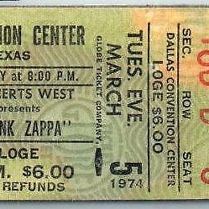 Frank Zappa Ticket Stub March 5 1974 Dallas Texas