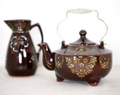 MORIAGE Japanese Teapot Brown Glazed Redware Iridescent Raised Enamel, brown Japanese teapot with creamer at Kate 39 s Vintage Market