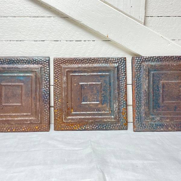 Vintage ceiling tins | 3 vintage ceiling tins wrapped around wood for hanging | Antique ceiling tins