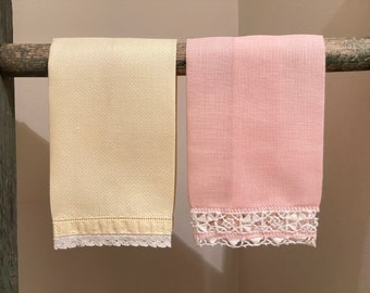 Vintage finger tip towels | Yellow and pink tea towels | Antique cotton finger towels in a pastel pink and blue at Kate's Vintage Market